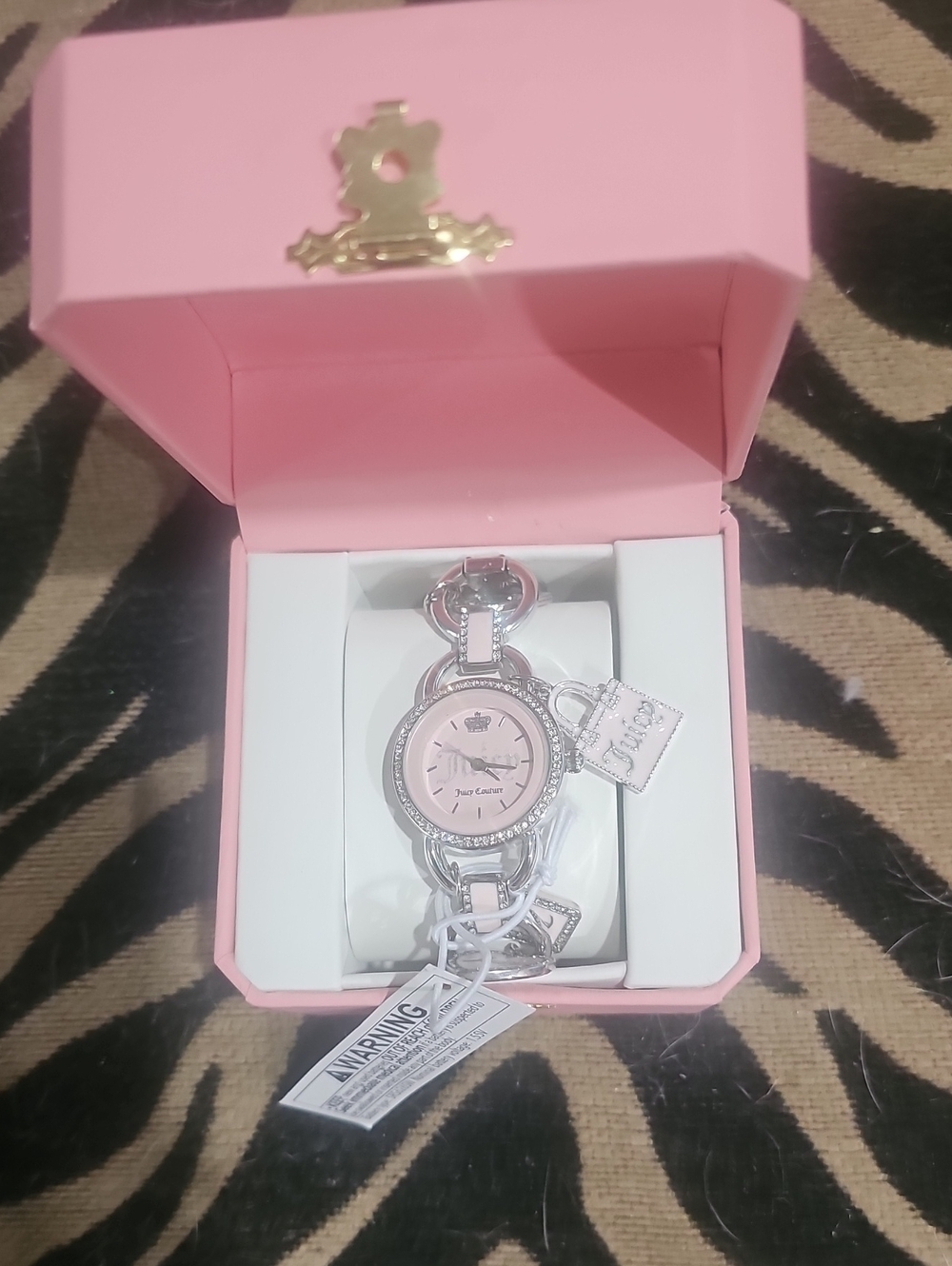 Juicy Couture Silver-Tone Bracelet Watch with Pink Dial and Crystal Accents